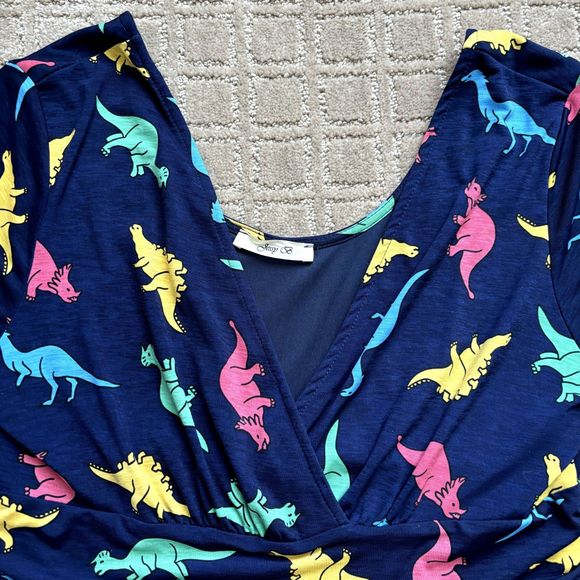 ModCloth Jessy B Navy Multicolor Novelty Dinosaur Dress Size XL V Neck Faux Wrap - Picture 3 of 7